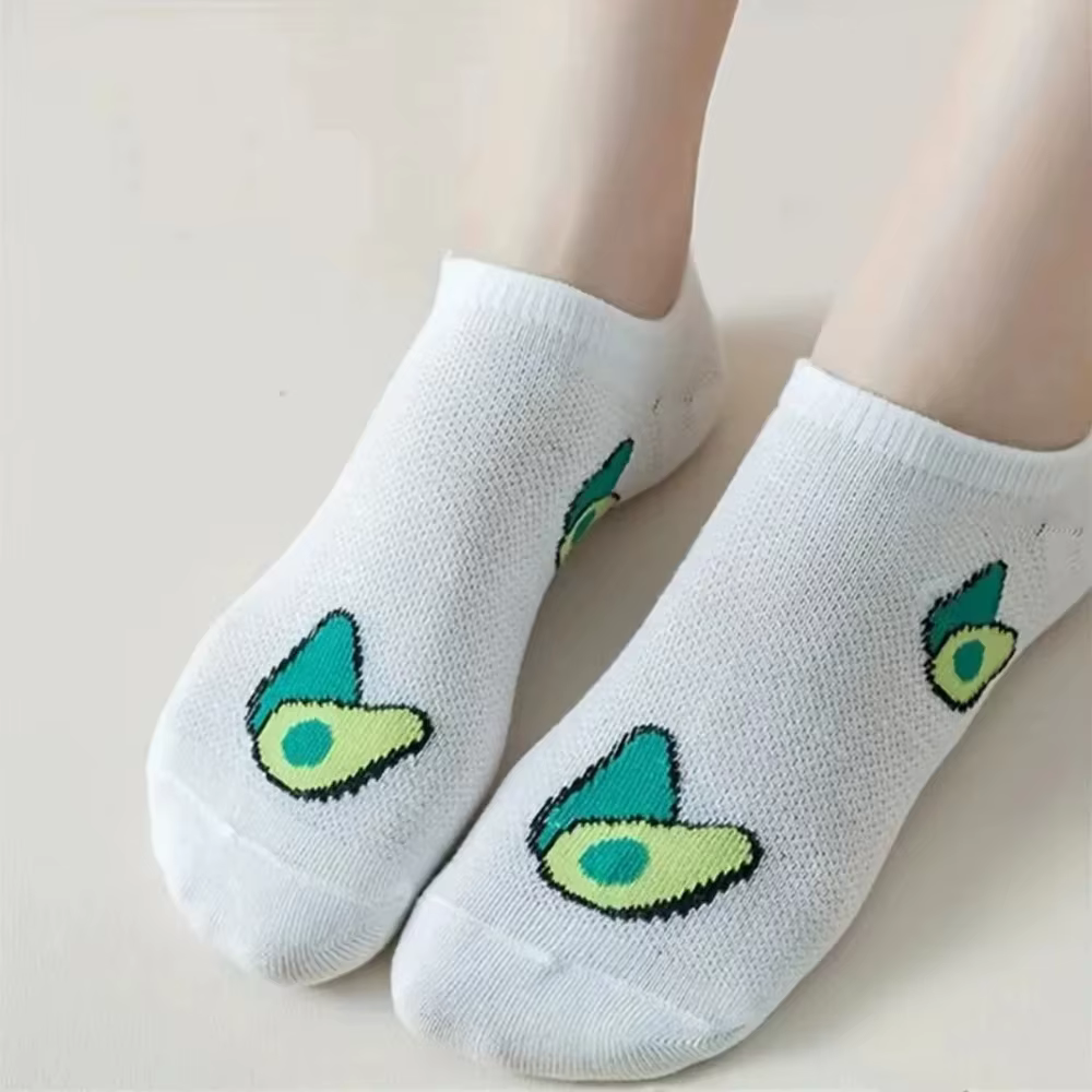 5 paires de chaussettes d'équipage d'avocat, dessin animé, mode fraîche, respirantes, confort Kawaii, chaussettes bateau coupe basse pour femmes, été et automne