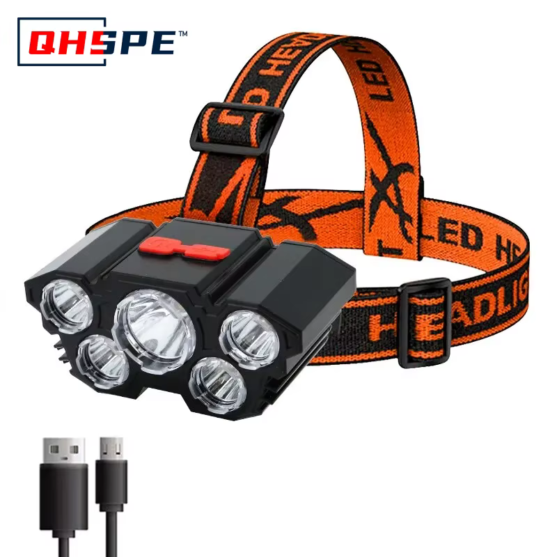 Lampe frontale rechargeable à 5 LED, lumière forte, batterie 18650 intégrée pour Camping, aventure, pêche, mise au point réglable, tête étanche