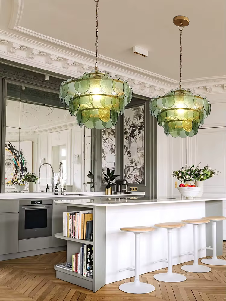 Lustre en verre ambre vert fait main, lustre LED en verre de Murano italien, décoration d'intérieur, lampes suspendues pour salle à manger
