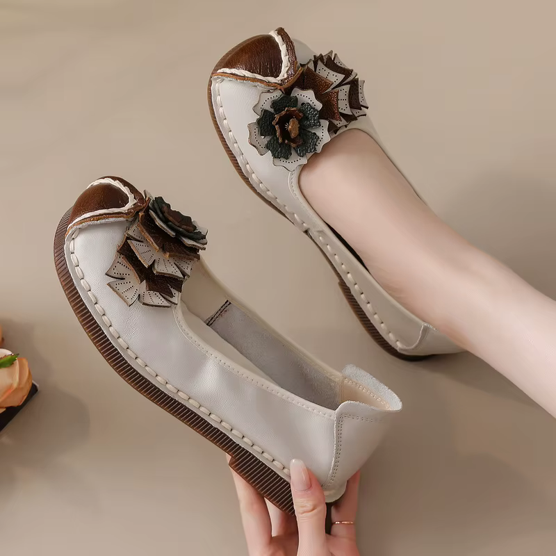 Mocassins Ballerines Vintage Ornés à Motifs Floraux pour Femme, Faits Main en Cuir Véritable, Chaussures de Conduite Exquises à Enfiler, Ballerines Artisanales pour Femme
