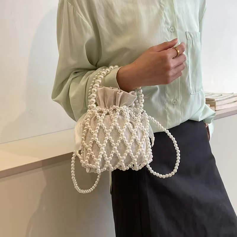 Femmes perle sac petit Mini fourre-tout seau sac tissé bandoulière sacs à main
