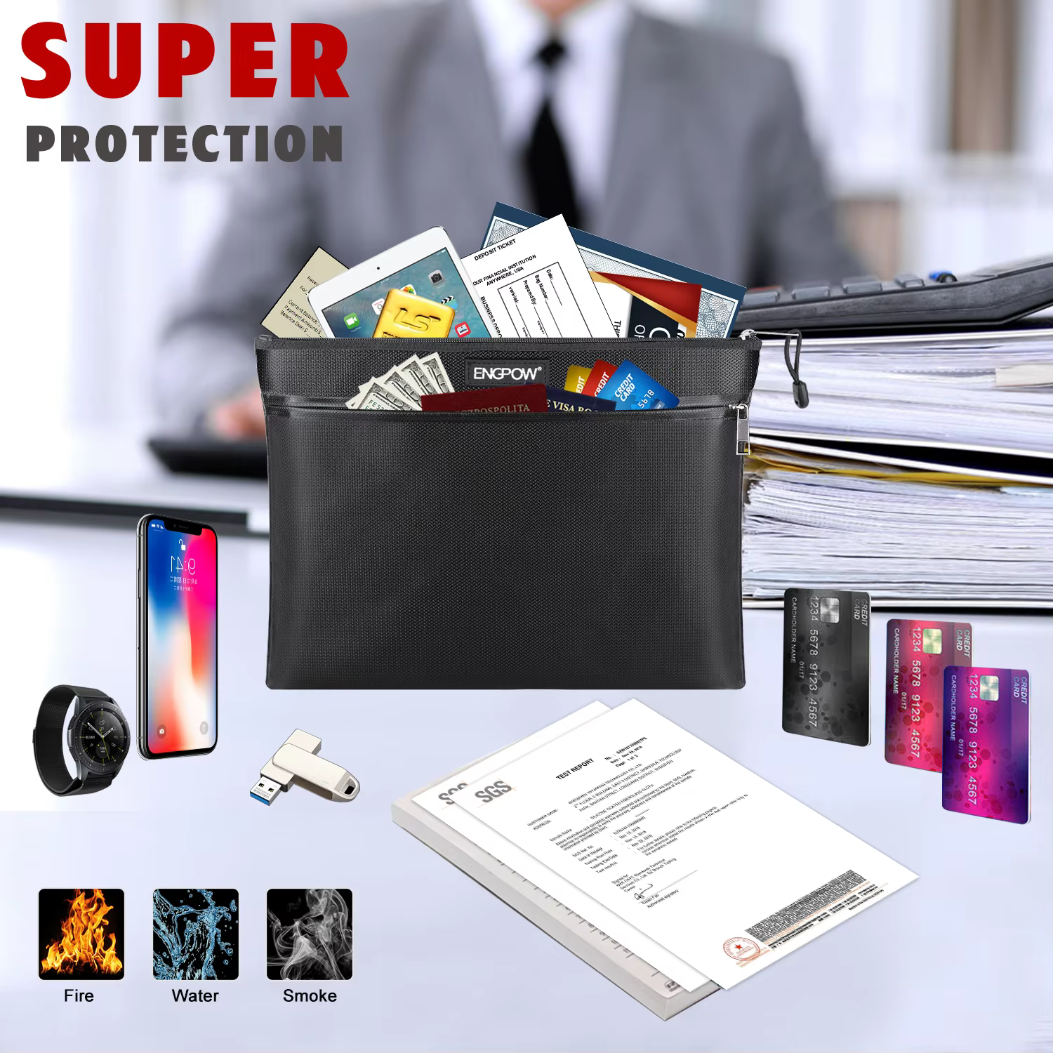 Sac de rangement double compartiment ignifuge et étanche avec fermeture éclair, sac de rangement multifonctionnel pour organiser les dossiers, sac ignifuge