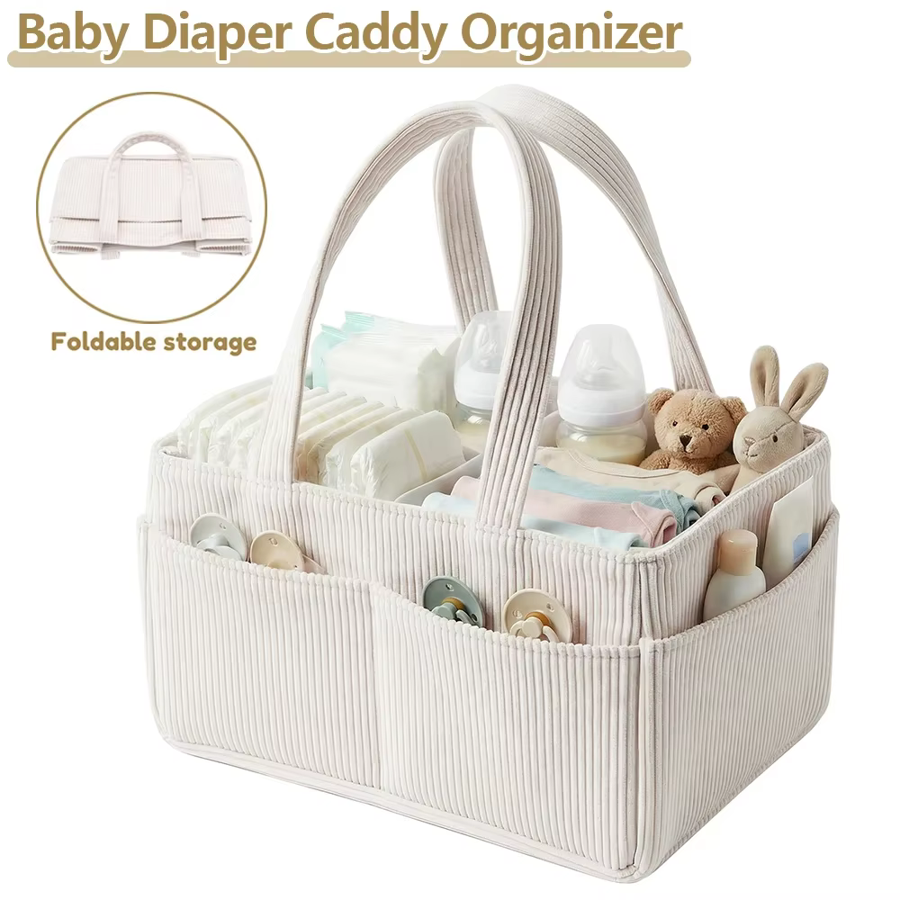 Organisateur de couches pour bébé en velours côtelé, panier de rangement pour couches avec poignée, pliable, multi-poches, organisateur de couches pour nouveau-né