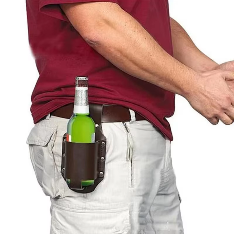 Porte-bouteille de bière portable en cuir pour la taille, support mains libres pour canettes, idéal pour l'escalade, la randonnée, le camping, compatible avec les canettes de 350 ml et 600 ml