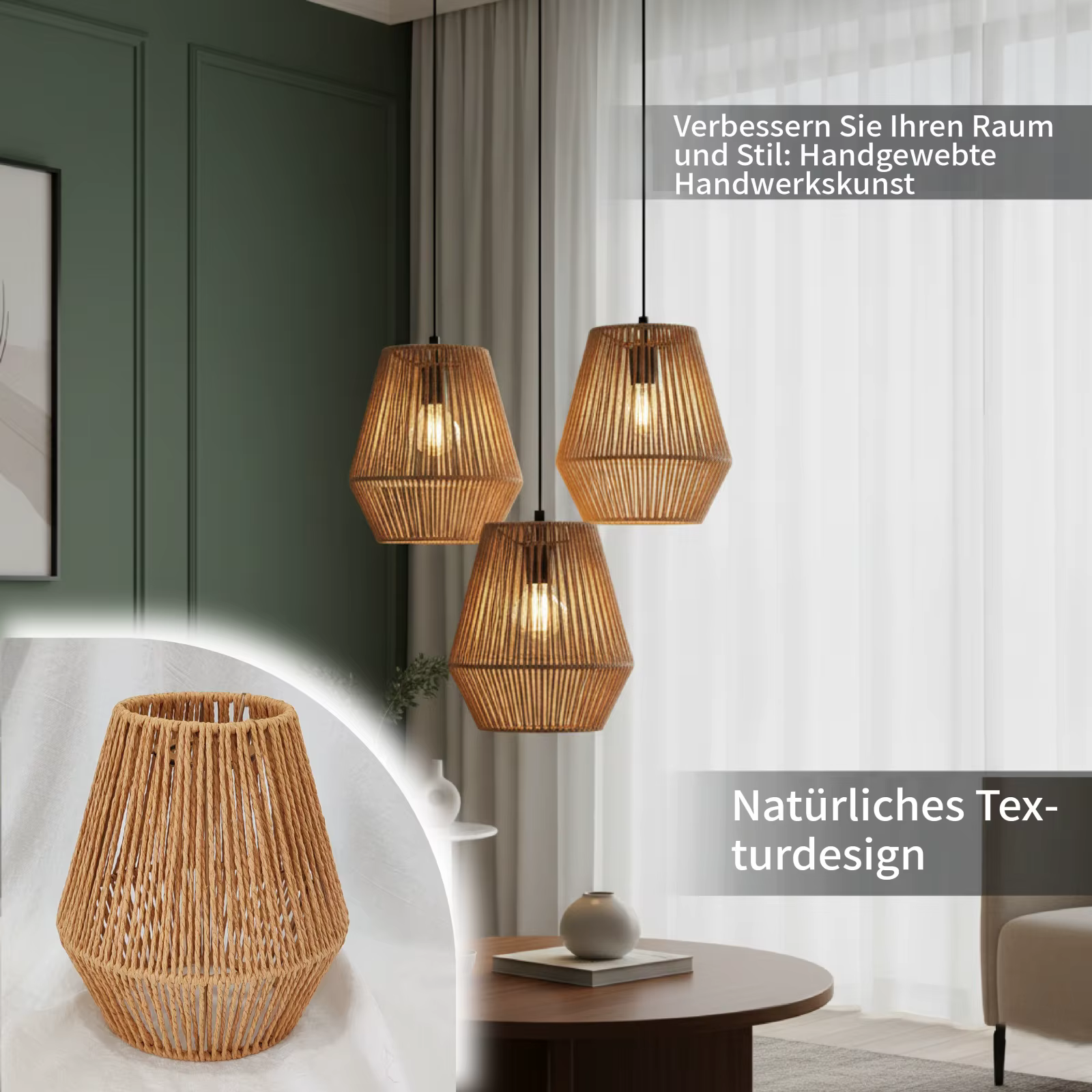 Abat-jour suspendu en rotin tressé bohème - Housse de lampe en macramé artisanale pour salon douillet