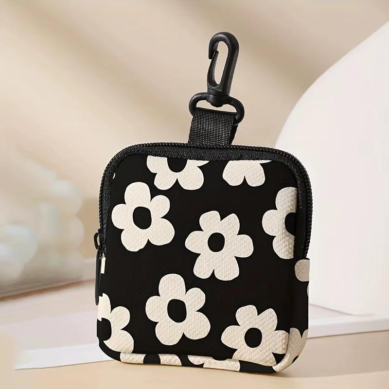 Porte-monnaie imprimé noir, sac de rangement en faux cuir à fermeture éclair, mini support pour casque