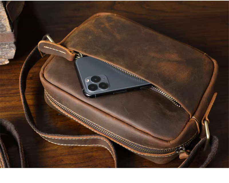 Petit sac à bandoulière en cuir inforvéritable vintage pour hommes, sac à bandoulière en cuir de cheval fou, décontracté, extérieur, luxe, haute qualité