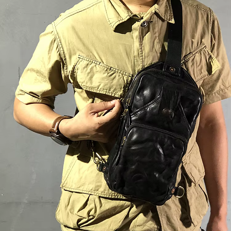 Sac de poitrine en cuir fait main pour homme, sacs à bandoulière rétro, couche de tête en cuir de vachette, Amei Kacha, vintage, doux, neuf, 2024