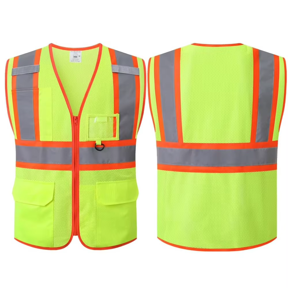 Gilet en maille fluorescente avec plusieurs poches et fermeture éclair sur le devant, vêtements de travail de Construction haute visibilité, uniformes pour hommes et femmes