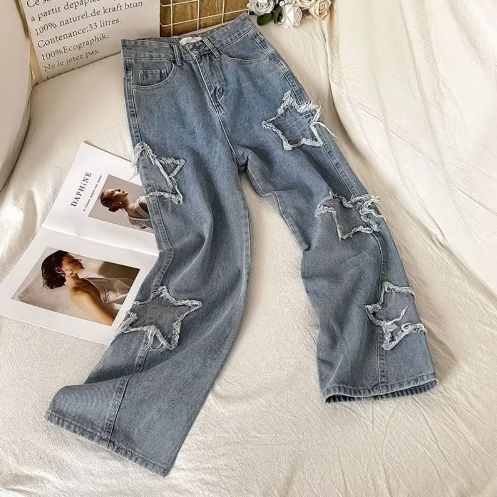 Jean Denim Taille Haute à Jambes Droites, Mode Coréenne avec Étoile, Nouvelle Collection Printemps-Automne 2024