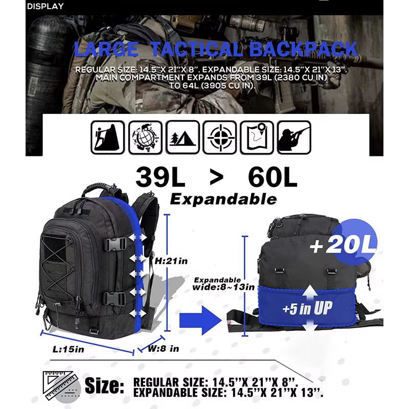 65L Grande Capacité En Plein Air Tactique Sac À Dos Hommes Molle Sac À Dos Étanche Escalade Voyage Camping Randonnée