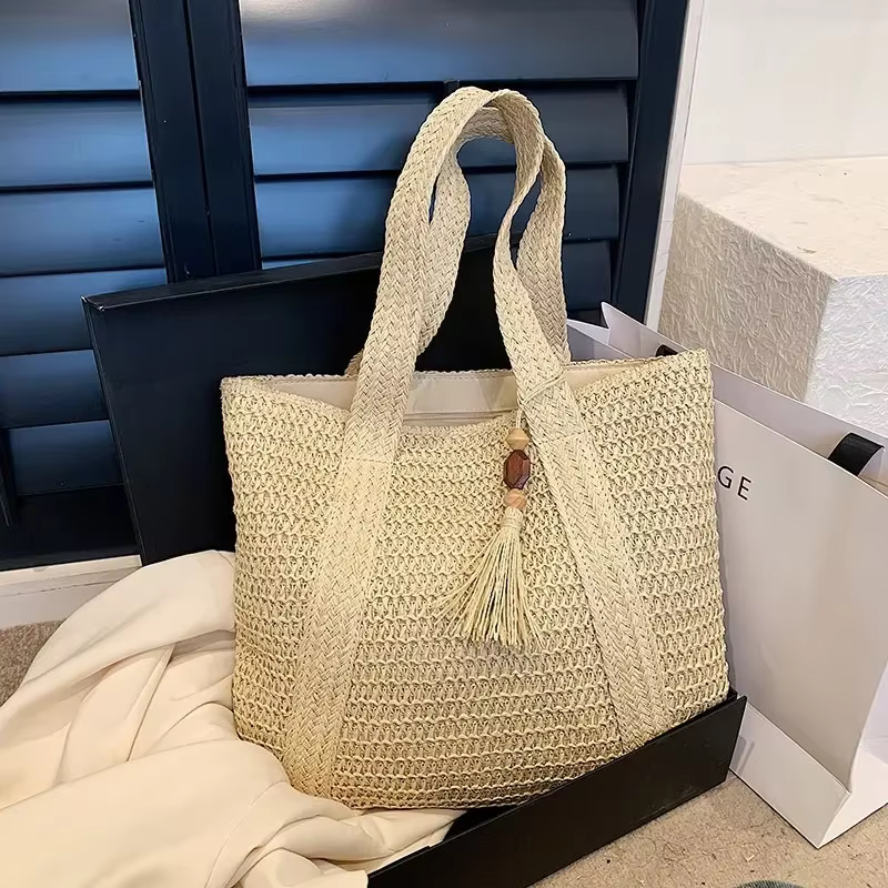 Elegant Ladies Straw Woven Handbag Women Holiday Beach Commute Casual Tote Top-Handle Bags Fashion Retro Shoulder