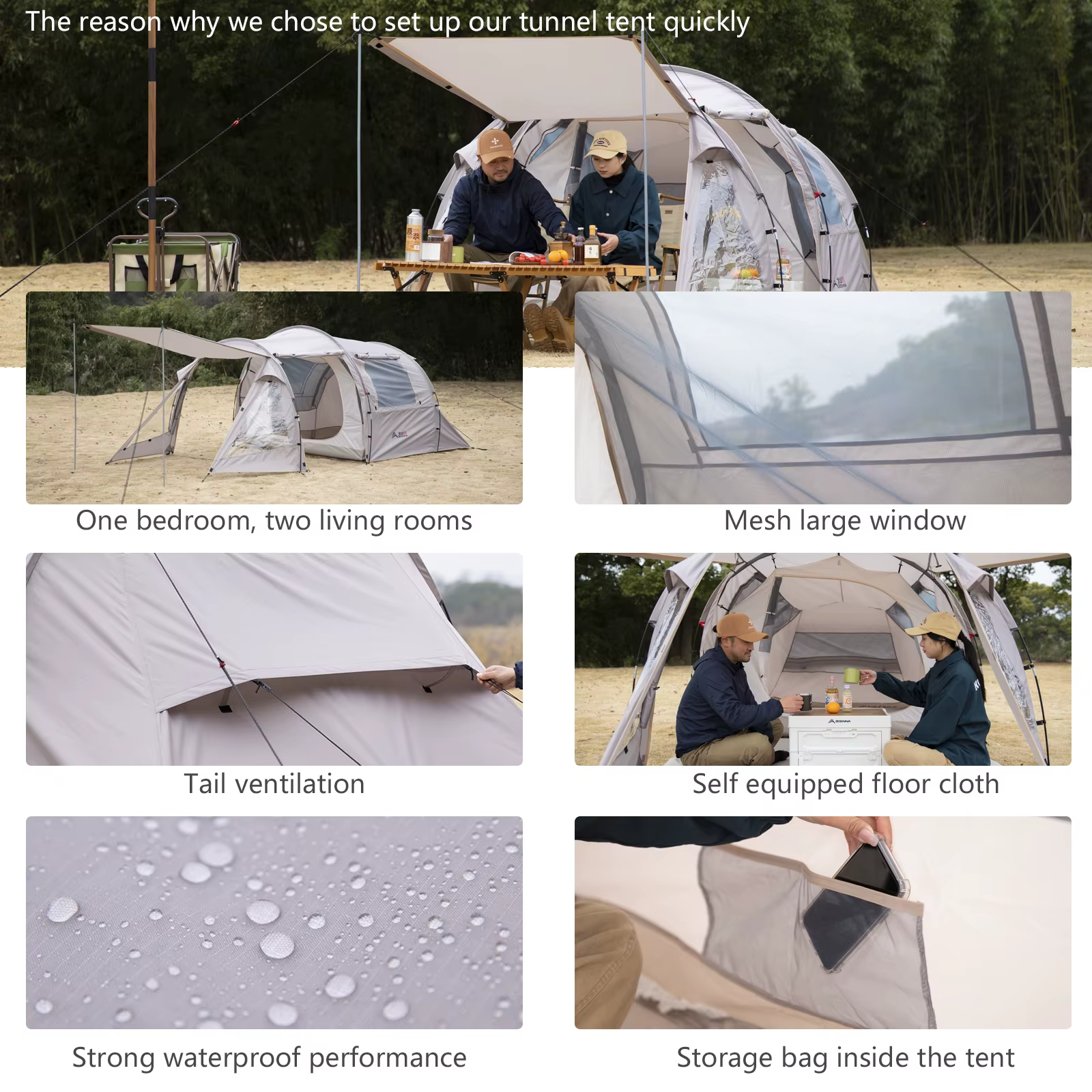 Tente tunnel de camping BISINNA pour 4 à 6 personnes