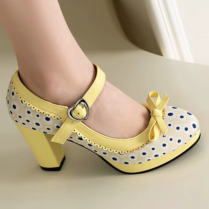 Grande taille 47 48 46 femmes chaussures à pois fleur imprimé bout fermé printemps automne pompes bloc talons hauts plate-forme Mary Janes pompes