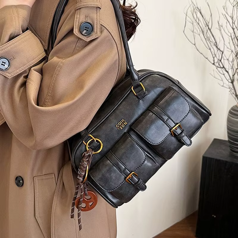 Sac à bandoulière rétro en cuir de couleur unie pour femmes, 1 pièce, sac à main avec plusieurs poches, grande capacité, livré avec un accessoire détachable