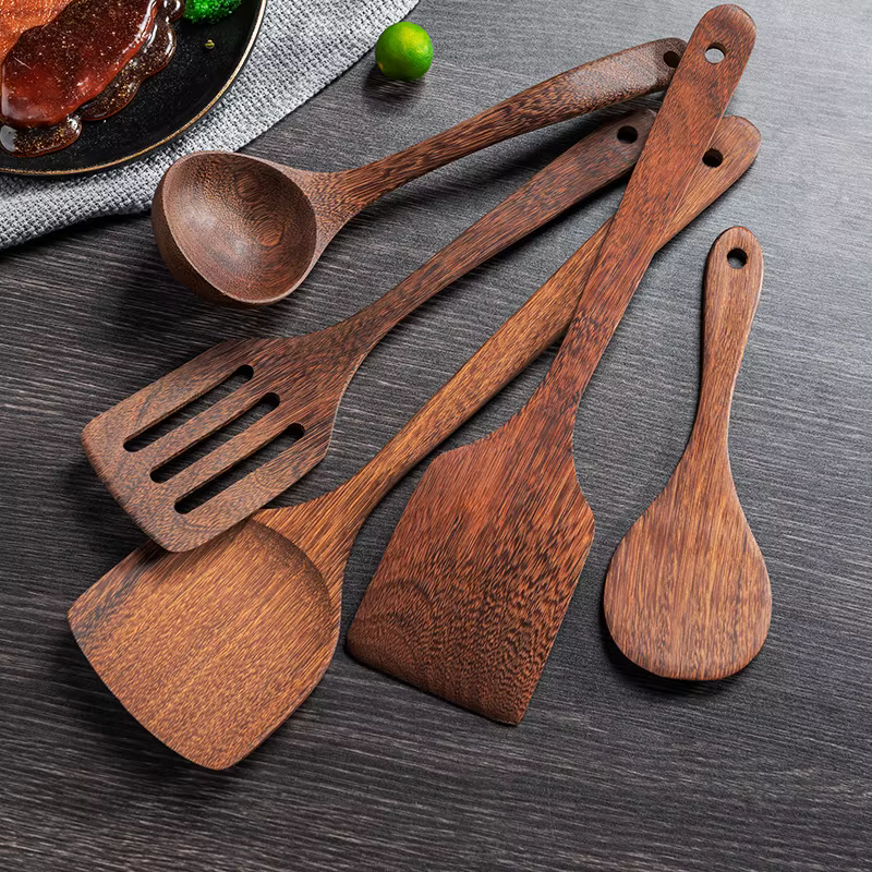 Ensemble d'ustensiles de cuisine antiadhésifs, avec manche en bois, cuillère à soupe, spatule, cuillère à riz, pelle, accessoires de cuisine