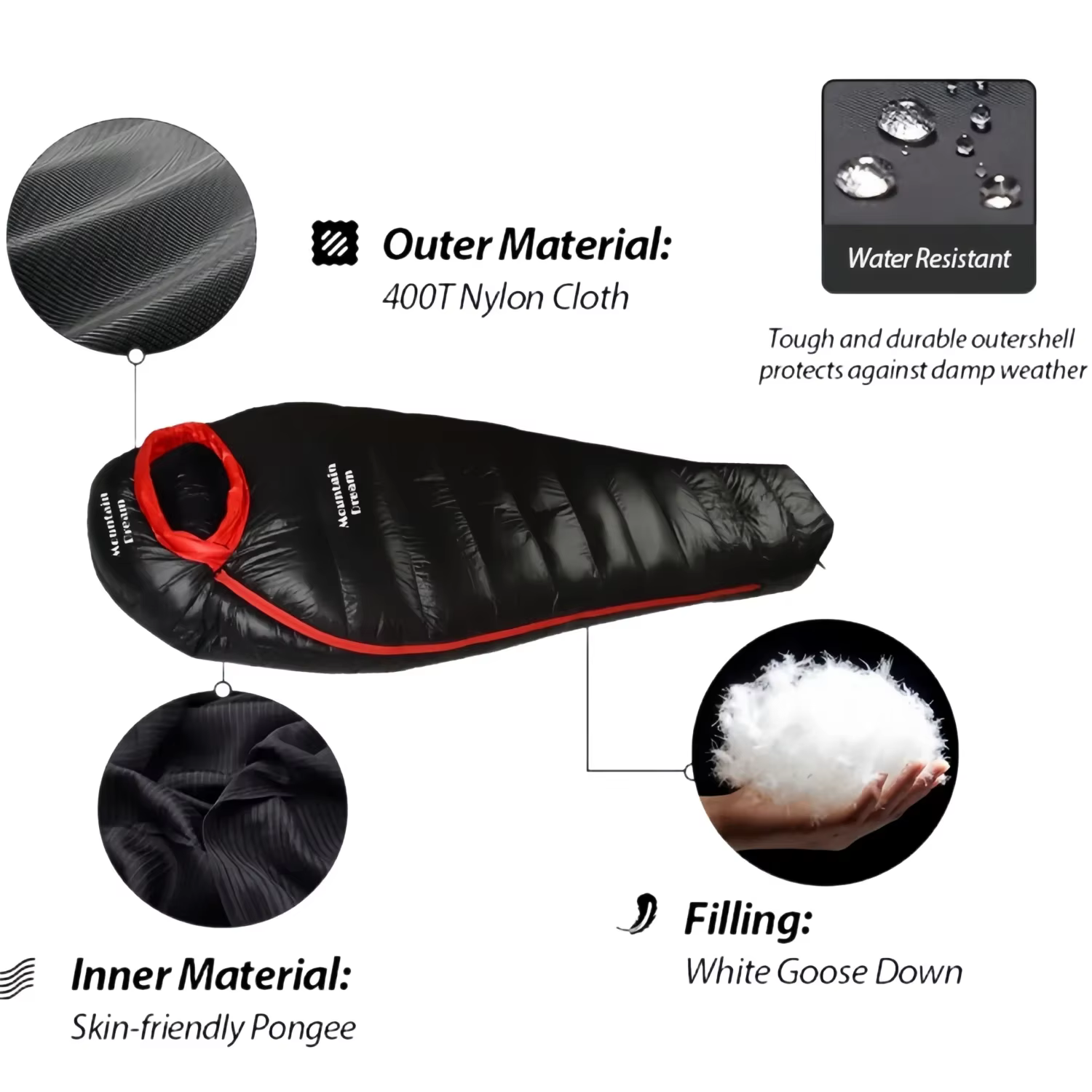 Sac de couchage en duvet d'oie thermique pour camping en plein air