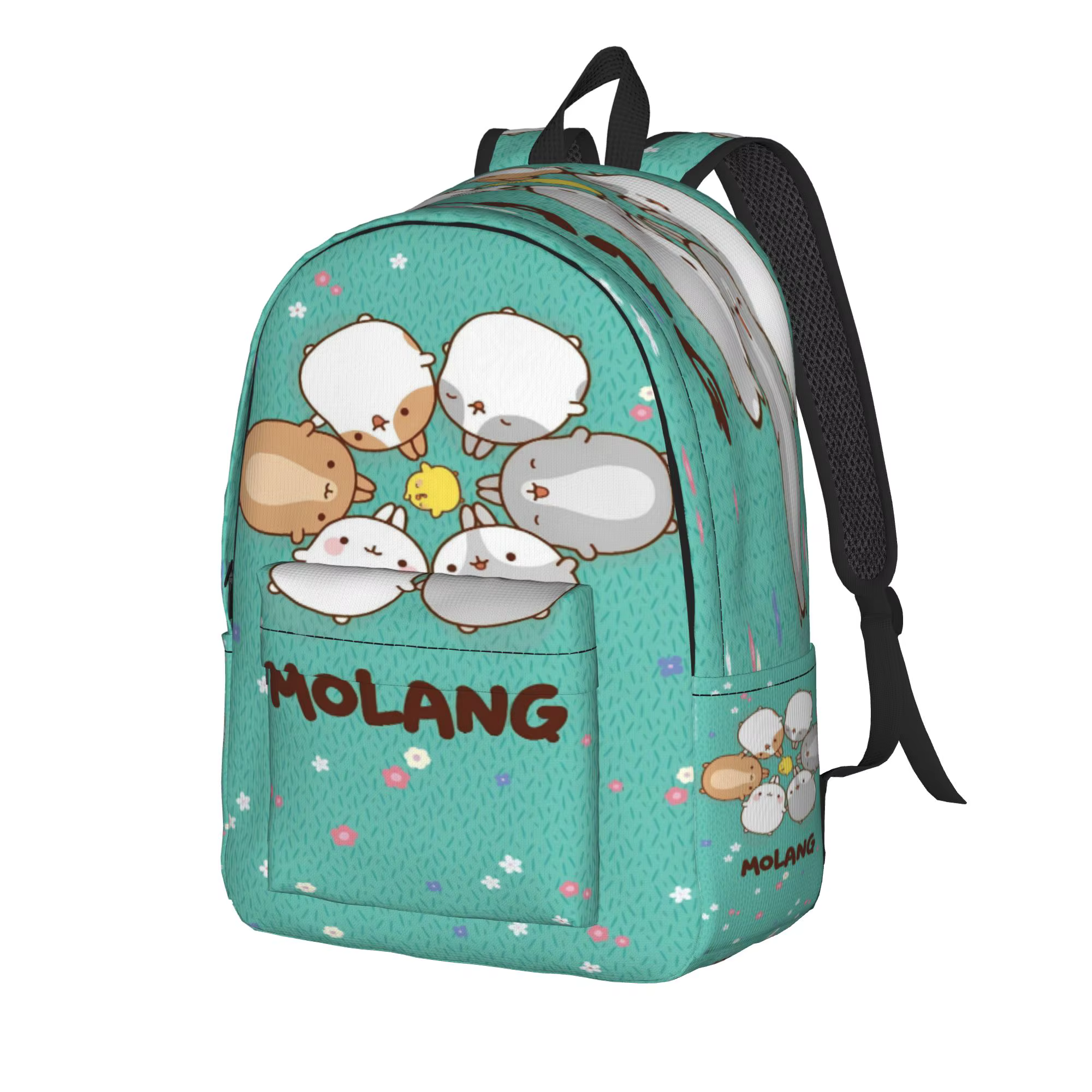 Sac à dos de dessin animé amusant Molang pour adolescents, sacs à dos durables en polyester, sacs d'école Kawaii, sac à dos coloré pour l'entraînement