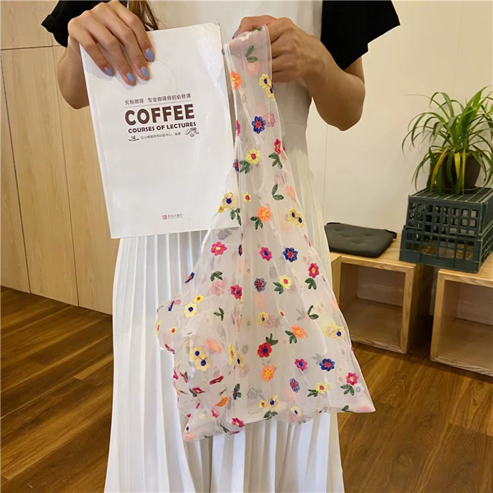 Sacs à main décontractés en maille écologique, sacs à main brodés, sacs de shopping transparents