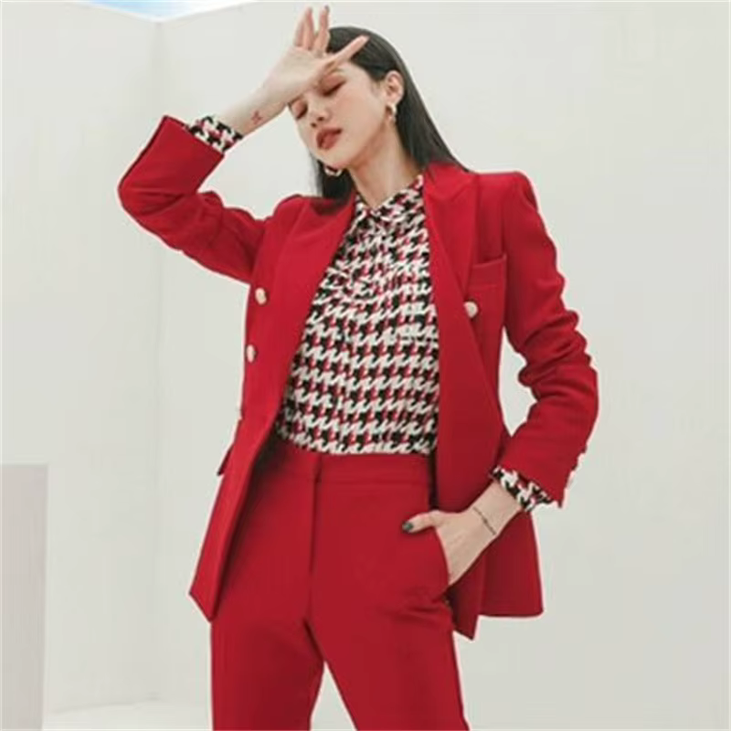 Ensemble de costume rouge pour femmes, décontracté, professionnel, à la mode, Style déesse, hôte, vêtements de travail formels, Polyester, manches longues, boutonné
