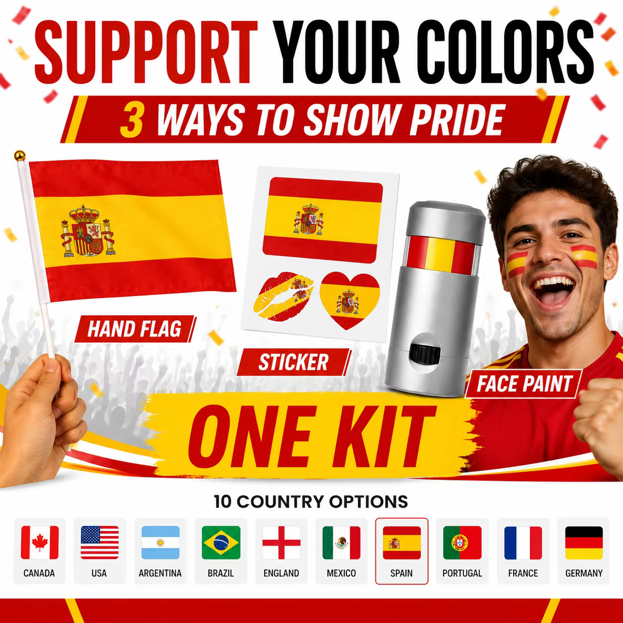 Kit de supporters de football 3 en 1, drapeau à main, autocollants décoratifs temporaires, accessoires pour la fête du jour du match