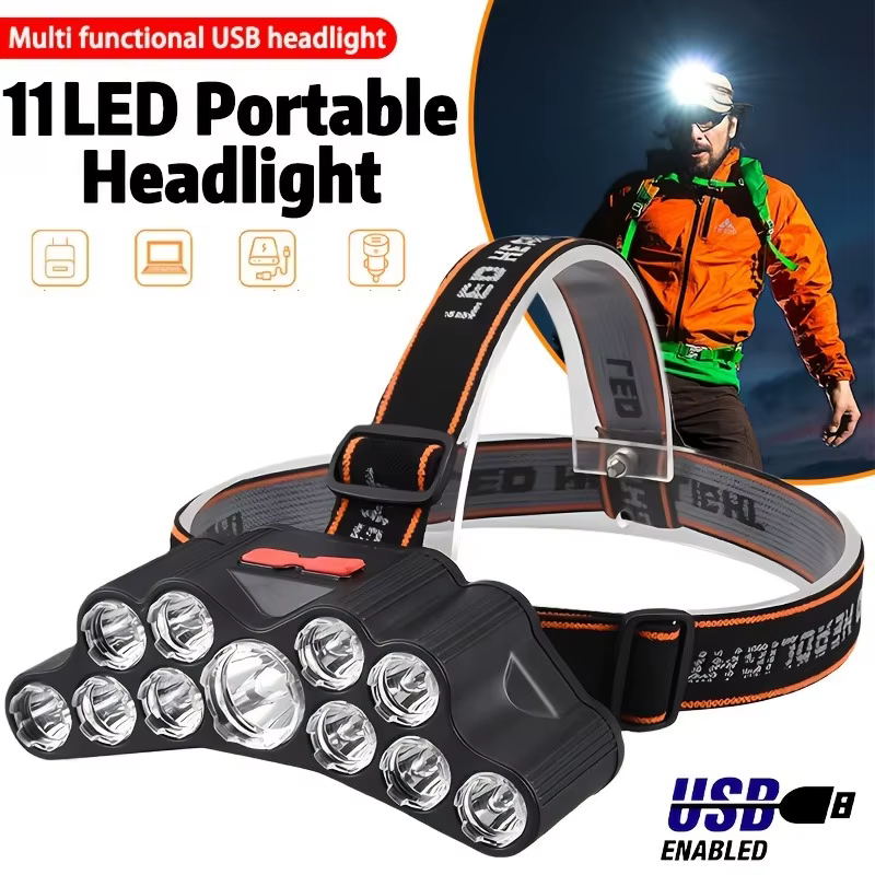 Lampe frontale puissante et lumineuse à 5/11 LED avec batterie intégrée