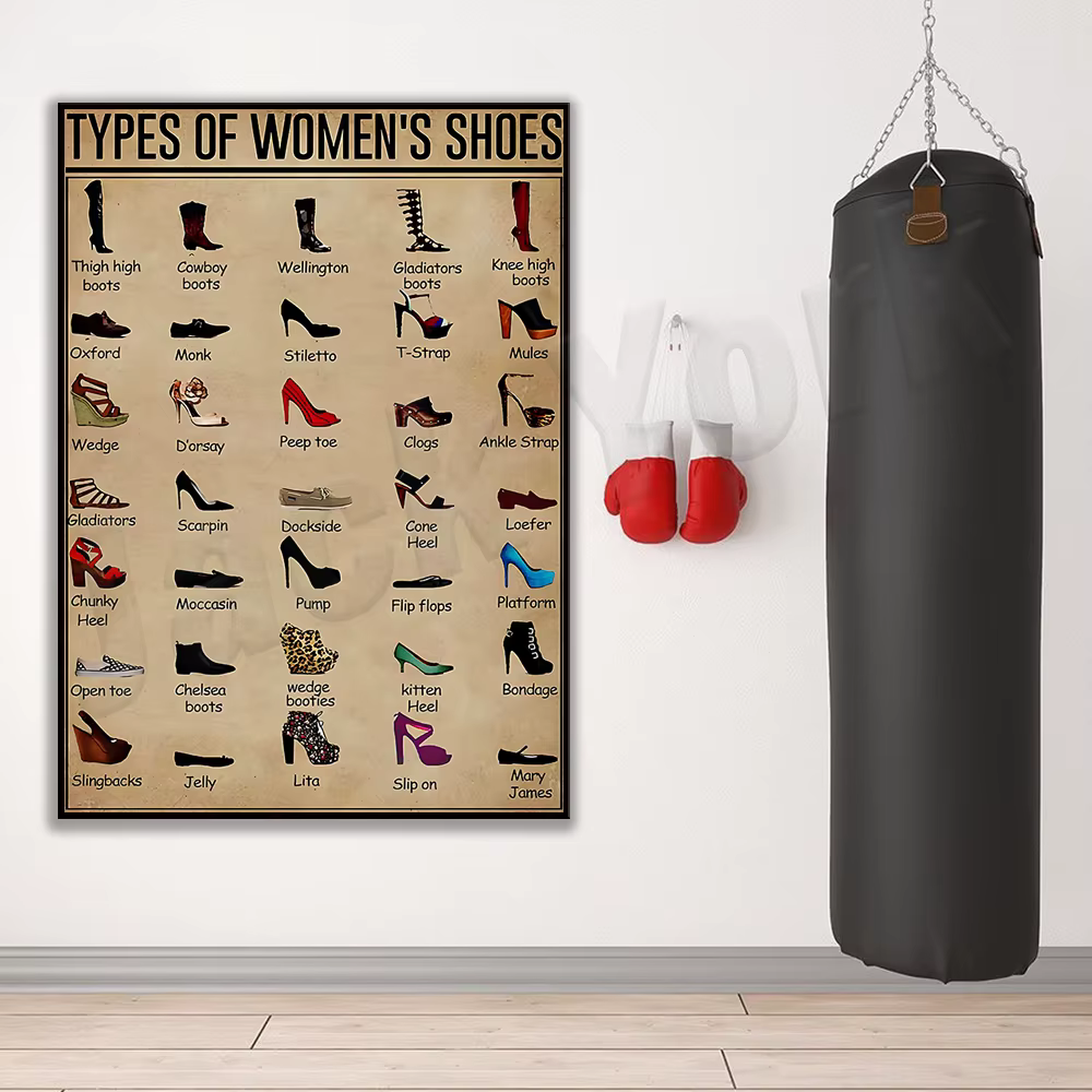 Affiche de Types de chaussures pour femmes, affiche en toile de chaussures pour femmes, peinture Vintage, impression artistique, décor mural de magasin de chaussures