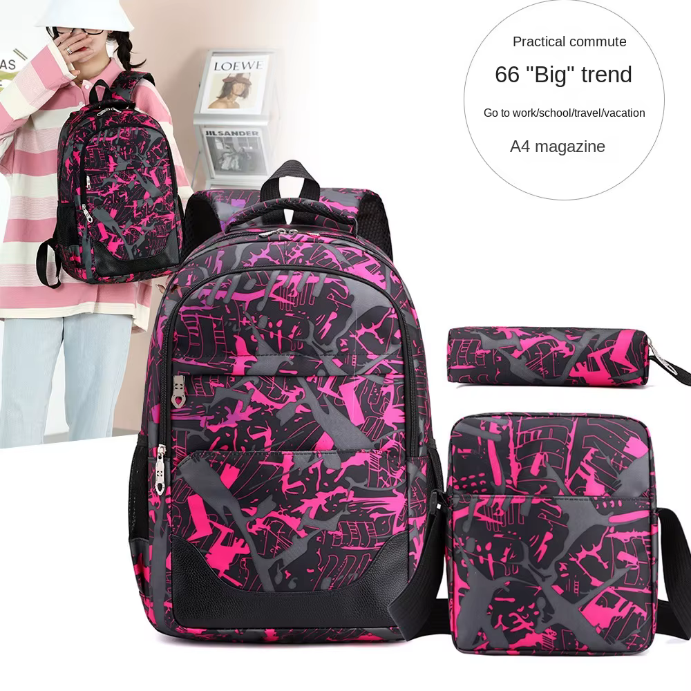 Sac à dos pour étudiant, Double sac à bandoulière, Style collégial, unisexe, collège, lycée, ensemble trois pièces, grand