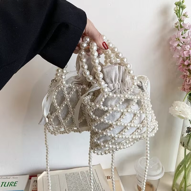 Femmes perle sac petit Mini fourre-tout seau sac tissé bandoulière sacs à main