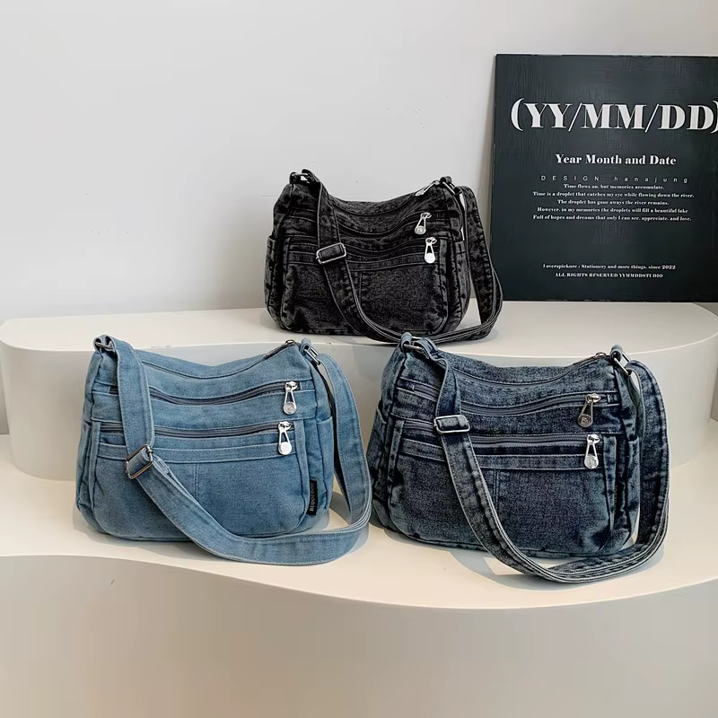Denim couleur unie fermeture éclair fourre-tout décontracté 2025 hiver nouveaux sacs polyvalents haute capacité