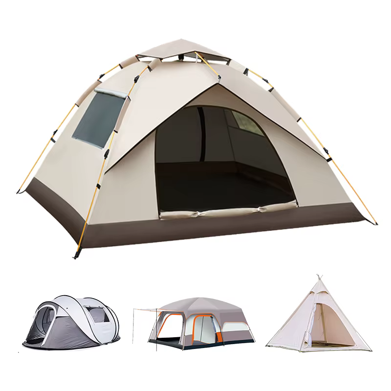 Tente de camping panoramique à installation automatique avec fenêtres et portes complètes