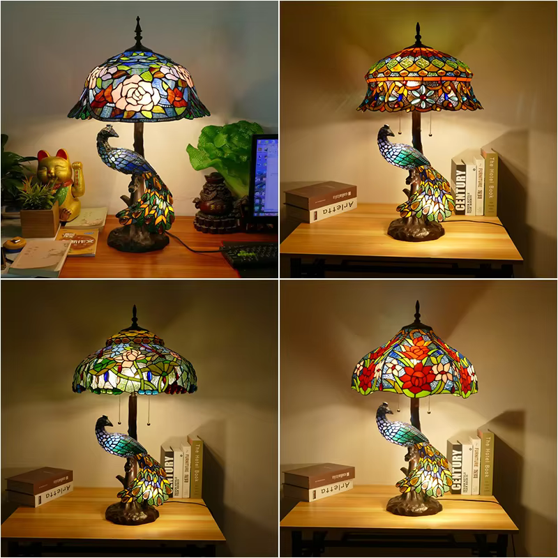 Tiffany américain rétro paon lampadaire Lotus salon étude verre coloré à la main abat-jour décor à la maison Table éclairage