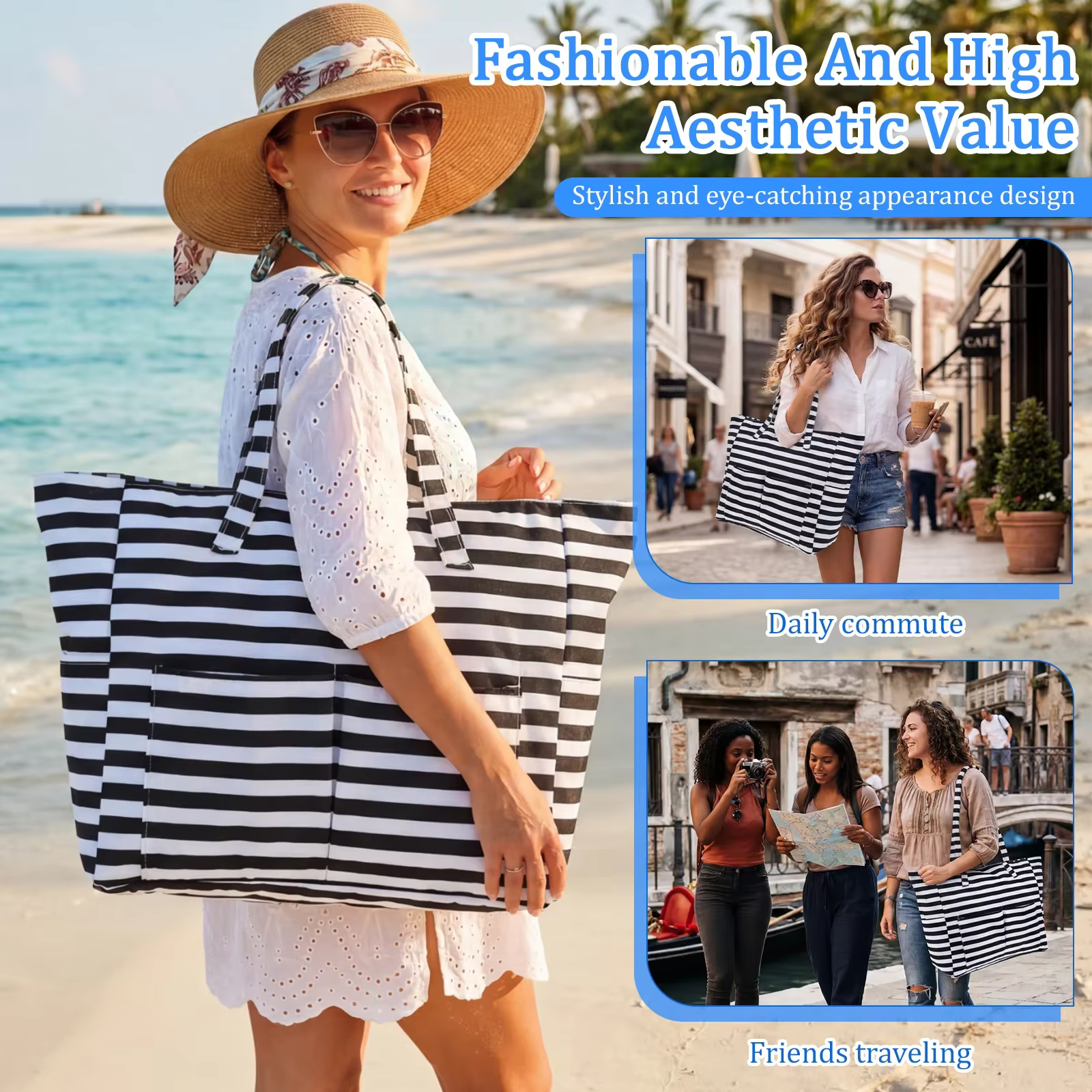 Sac de plage imperméable pour femmes, grand sac de transport avec compartiment étanche, sac de plage pliable résistant au sable, sac à bandoulière de voyage