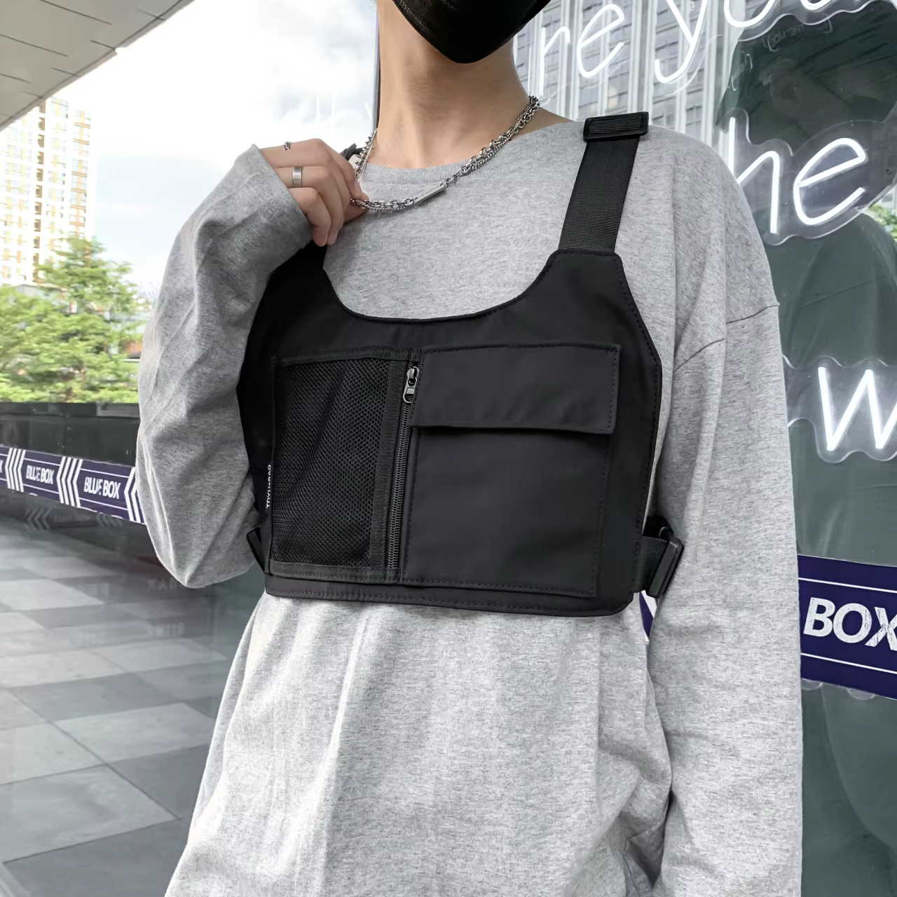 Sac de poitrine unisexe en nylon noir, sac à dos tactique pour sports de plein air, sac banane streetwear hip-hop