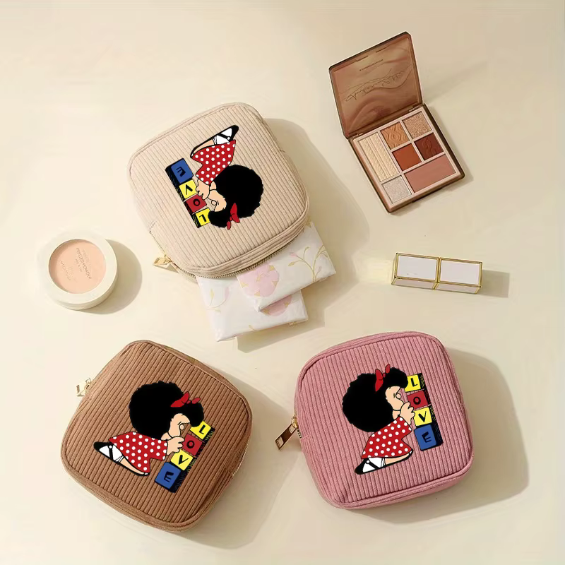 【Trousse à cosmétiques en velours côtelé】 1 pièce Cube sac de maquillage-MAFALDA motif de dessin animé petit sac de