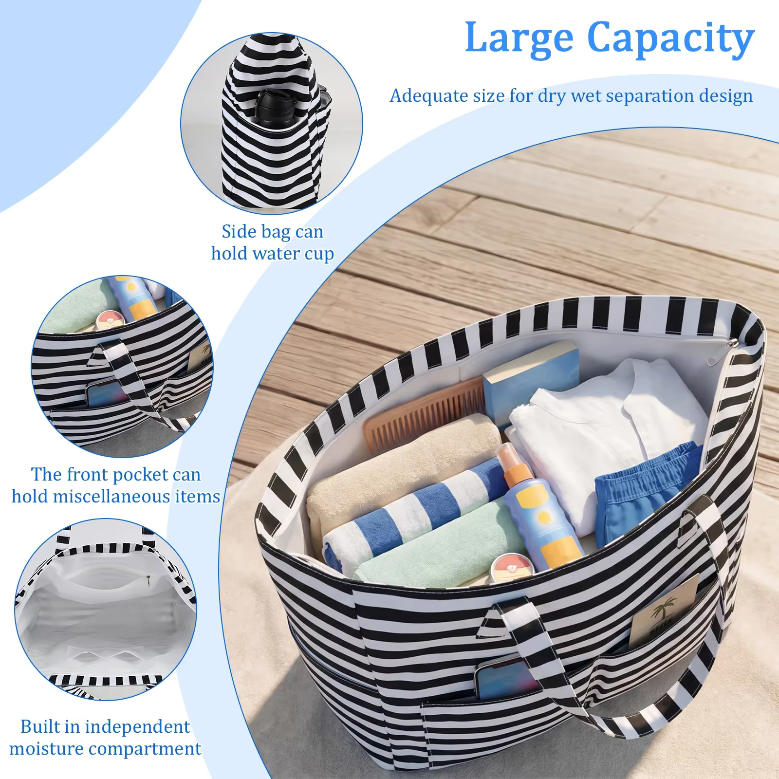 Sac de plage imperméable pour femmes, grand sac de transport avec compartiment étanche, sac de plage pliable résistant au sable, sac à bandoulière de voyage