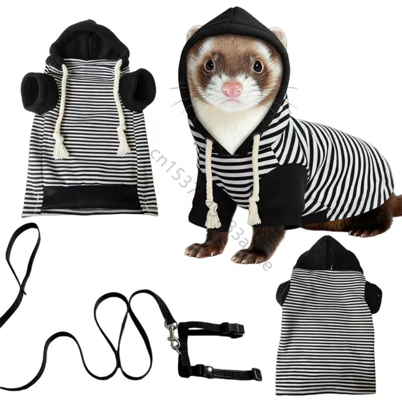 Ensemble pull à capuche harnais laisse pour furets, pour temps froid, avec tissu polaire doux, corde en Nylon, contrôle