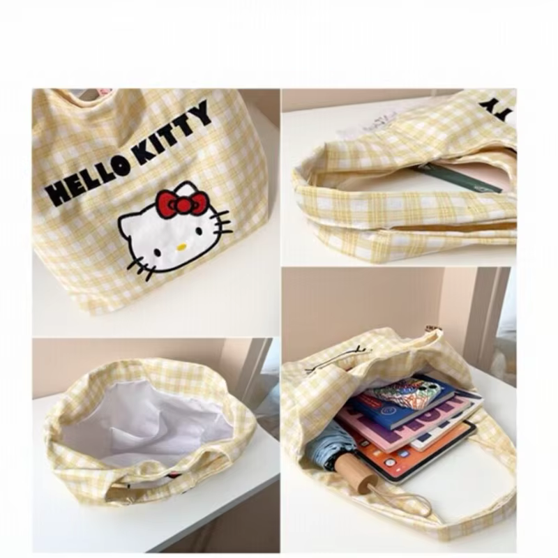 Sac fourre-tout en toile Hello Kitty pour femme, grande capacité, sac à bandoulière décontracté et mignon pour les trajets quotidiens, le travail, l'université, les voyages et les repas