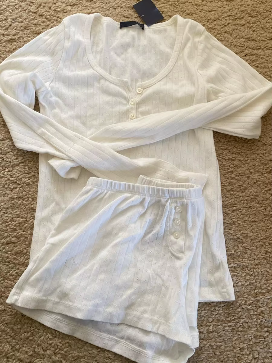 Ensemble T-shirt et short blanc à manches longues pour femme, t-shirt Slim + short droit élastique, en coton, pyjama pour la maison, 2 pièces