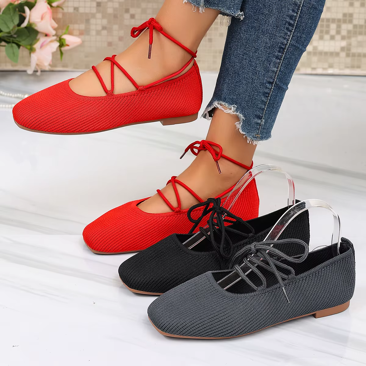 Chaussures plates françaises 2026 – Nouveauté été – Bout rond – Respirantes – Légères – Ballerines tricotées – Décontractées – Confortables – Pour femmes