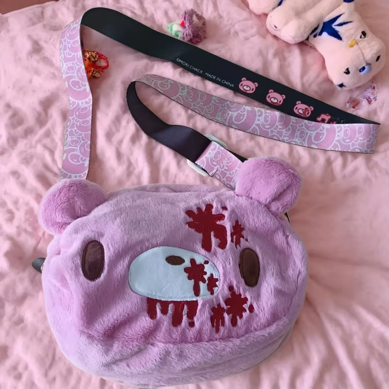 Sac bandoulière en peluche ours rose mignon, style avant-gardiste rose avec détails effet sang, un sac à main pour femme amusant et unique