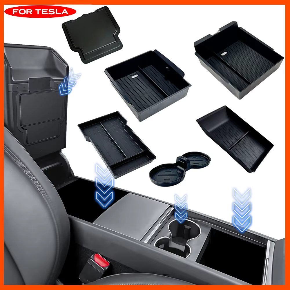 Pour Tesla Nouveau Modèle Y Launch Juniper : Tapis antidérapant en silicone ABS pour console et boîte de rangement d'accoudoir, avec porte-gobelets supérieur et inférieur