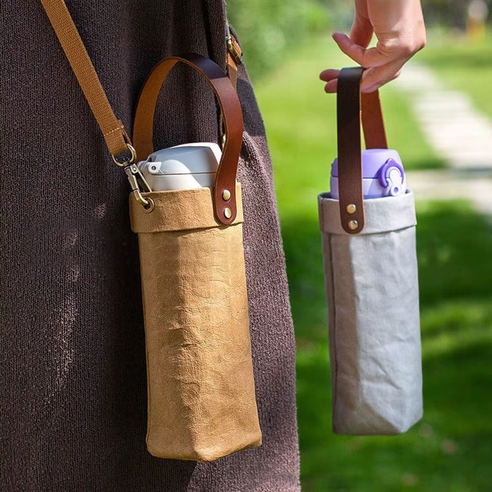 Sac de couverture de bouteille d'eau, pochette en papier Kraft lavable, porte-pochette d'eau, sangle d'épaule, sac isolant