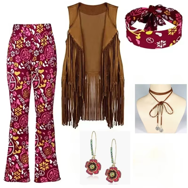 Hippie Disco 60s 70s Cosplay Costume femmes paix amour filles hanche indien glands Hippie gilet Cardigan fête d'halloween