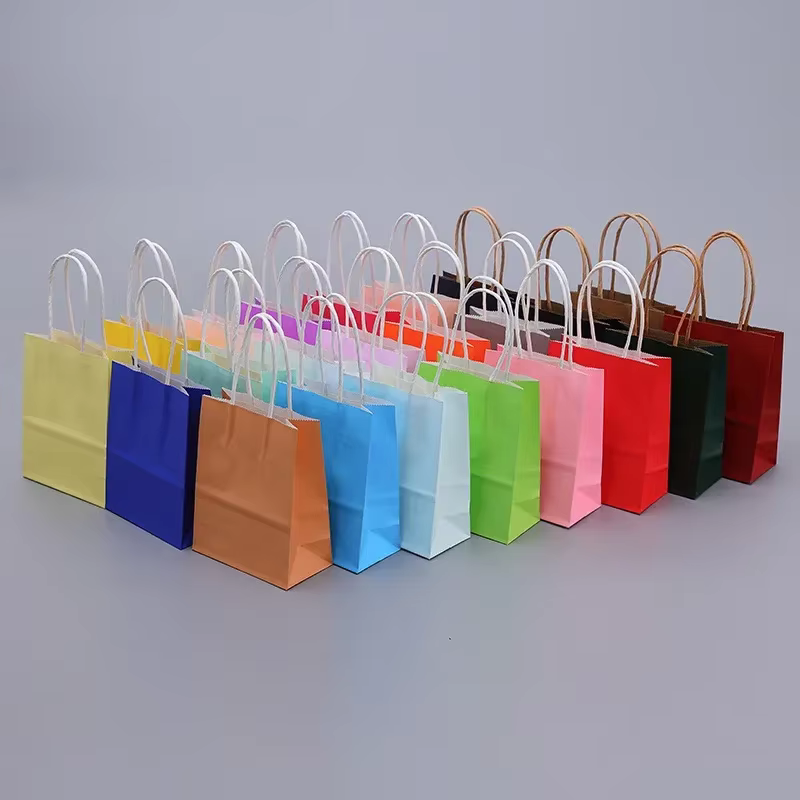 Sacs cadeaux en papier Kraft avec poignées, 10/20/30/50/100 pièces, Shopping, transport artisanal, sac marron blanc, fournitures de fête de noël