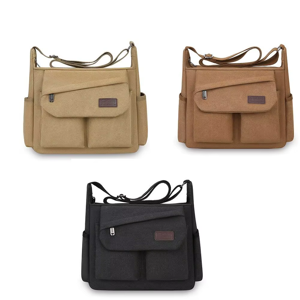 Sac à bandoulière en toile pour hommes, grande capacité, couleur unie, style coréen, sac messager polyvalent avec fermeture éclair, sac à bandoulière pour hommes