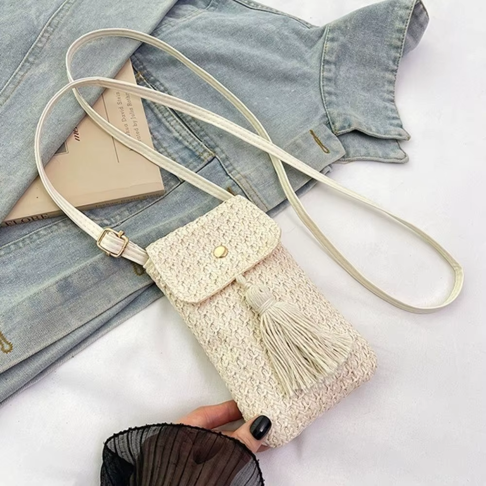Sac à main portable en paille tressée avec longue pampille, pochette pour téléphone faite à la main pour femme, design de niche, style coréen, sac de plage tressé pour l'extérieur