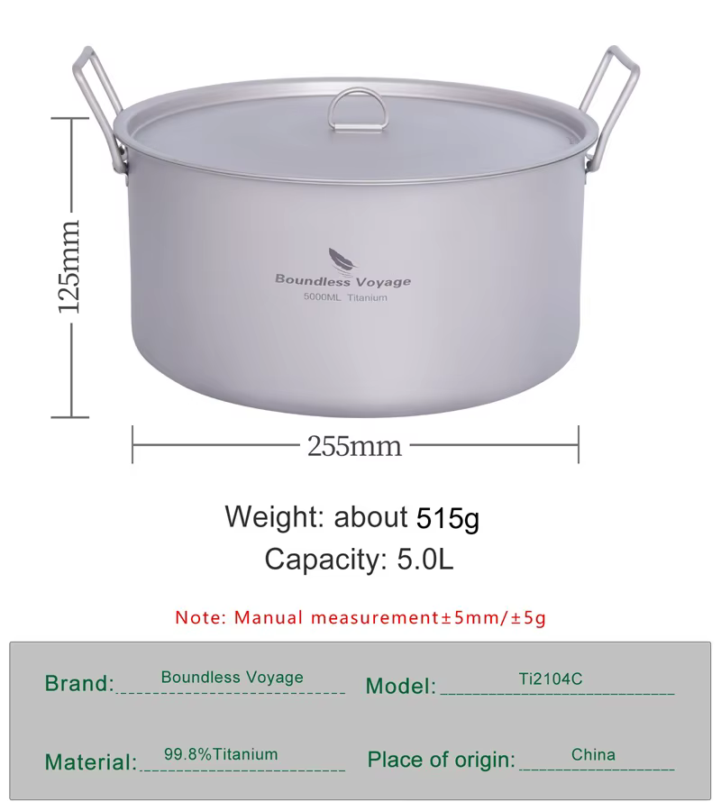 Boundless Voyage Camping en plein air Marmite 5 L Titane