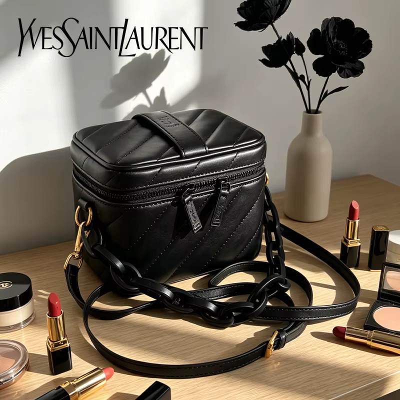 Sac Yves Saint Laurent noir matelassé, mini sac cosmétique YSL avec miroir intégré, pochette de maquillage multifonction avec accessoires détachables DIY