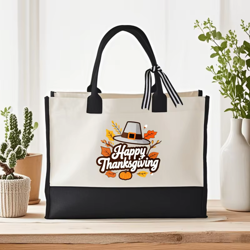 Sac fourre-tout de Thanksgiving, crème et noir, avec chapeau de pèlerin et design feuille d'automne, adapté au transport de cadeaux de vacances et aux fêtes